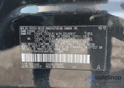 2012 Toyota Rav4 Limited V6 из США, поврежденный, VIN 2T3DK4DV9CW087860